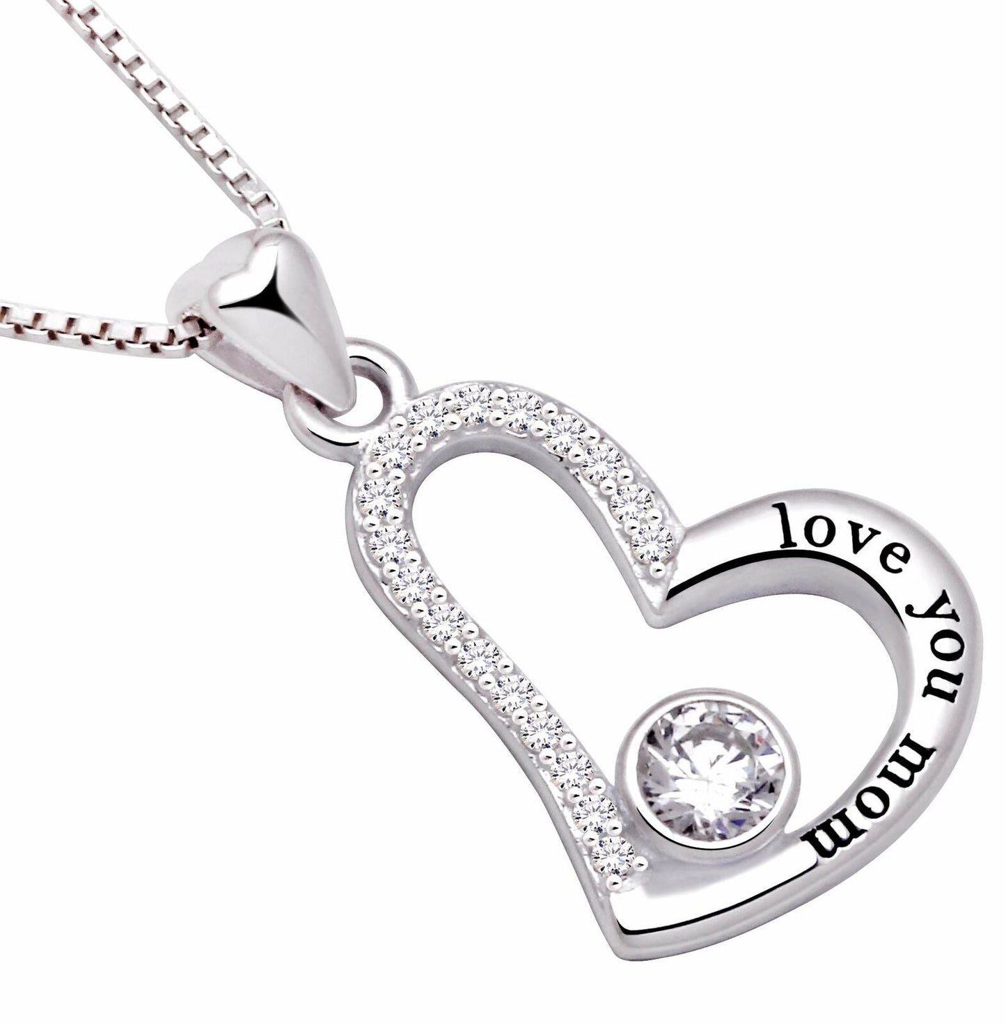 "I Love you MOM" Heart Necklace Embellished with  Crystals in 18K